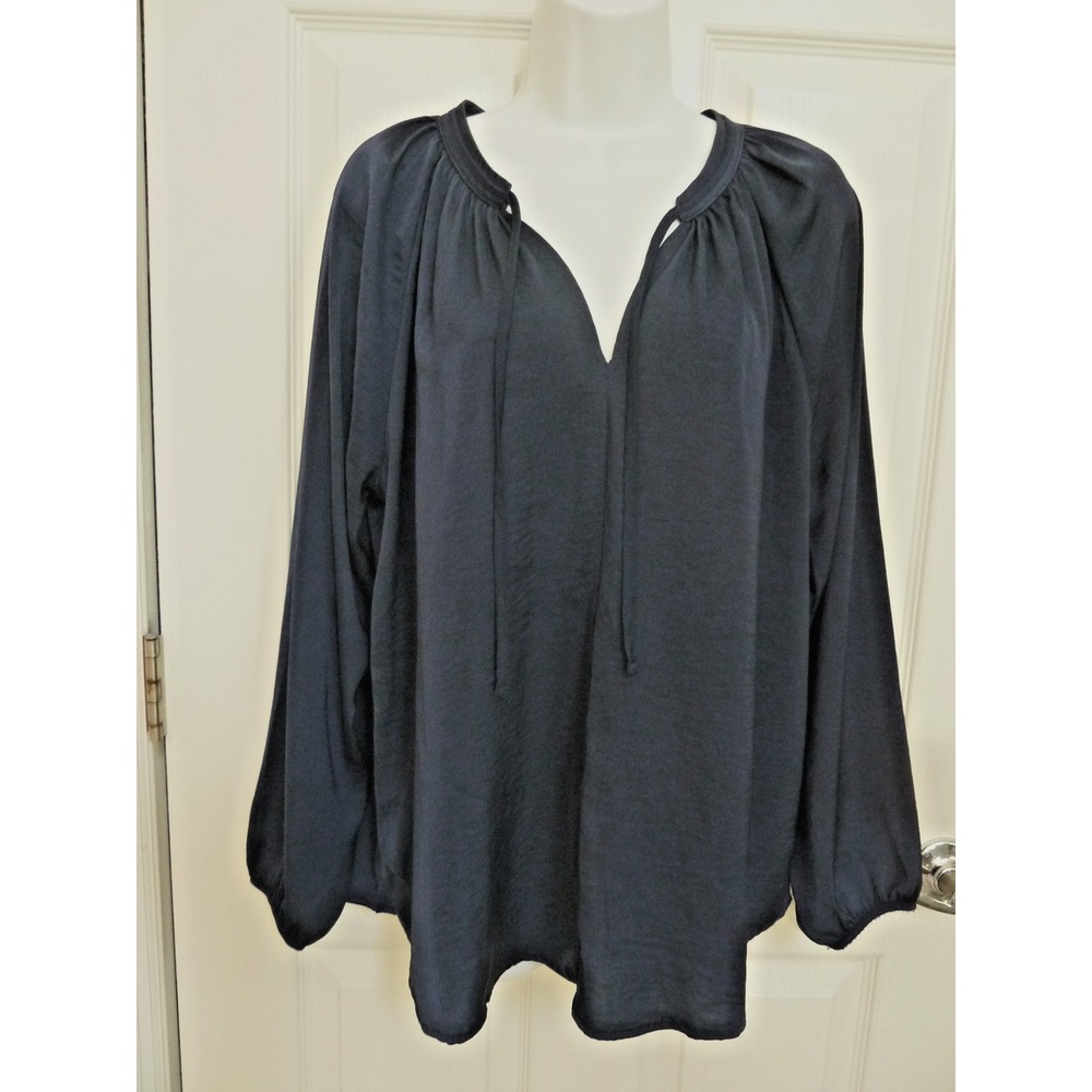 Old Navy Womens Large 12/14 Pullover Blouse Boho Peasant V-Neck Navy Blue Top